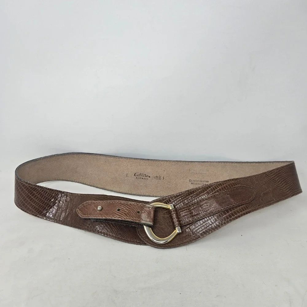 Calderon Vintage‎ Brown Lizard Embossed Leather Wide Waist Belt Gold Buckle L